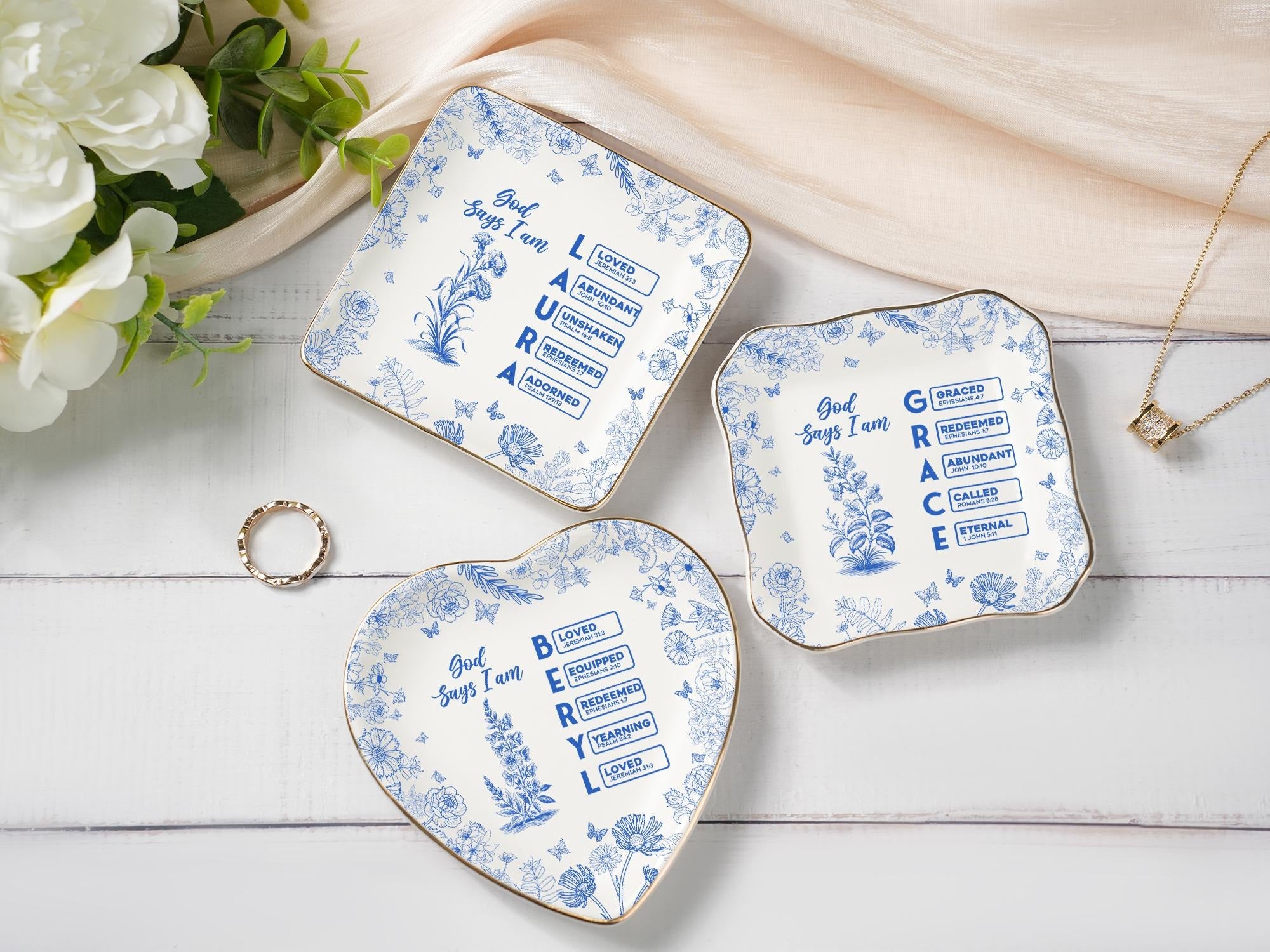 Personalized Christian Name Jewelry Dish, Ring Dish With Bible Verses, Custom Scripture Gift, God Says I Am Toile De Jouy, Religious Gift JDLAF01